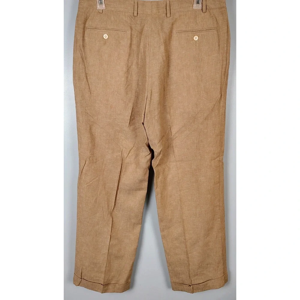 Alan Flusser Mens Pleated Linen Rayon Blend Trousers Tan Khaki 38x30 Cuffed